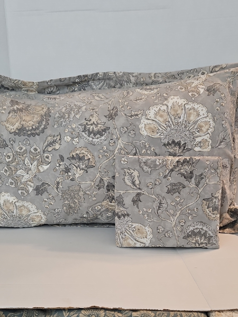 Tahari Home Madison Gray Tan Cream Jacobean Floral Cotton King Pillow Sham Set